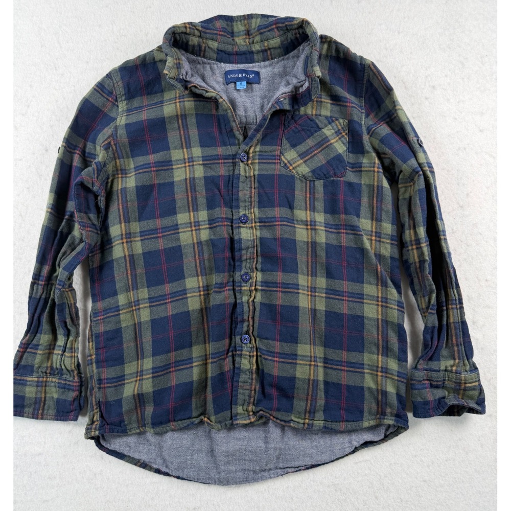 Andy & Evan Boys Size 8 Plaid Button Down Shirt Navy Green Roll Tab Sleeves